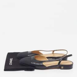 Pre Owned Chanel CC Cap Size 36.5 Black Leather Slingback Flats