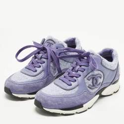Pre Owned Chanel CC Size 38 Lilac Tweed and Leather Low Top Sneakers