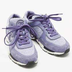 Pre Owned Chanel CC Size 38 Lilac Tweed and Leather Low Top Sneakers