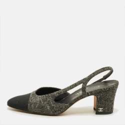 مملوكة مسبقًا Chanel CC Size 38.5 Grey/Black Canvas and Tweed Slingback Pumps