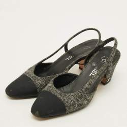 مملوكة مسبقًا Chanel CC Size 38.5 Grey/Black Canvas and Tweed Slingback Pumps