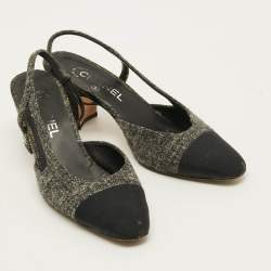 مملوكة مسبقًا Chanel CC Size 38.5 Grey/Black Canvas and Tweed Slingback Pumps