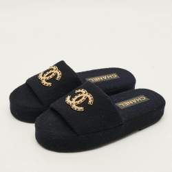 Pre Owned Chanel CC logo Size XS Navy Blue Fabric Flat Sandals