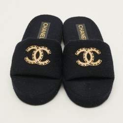 Pre Owned Chanel CC logo Size XS Navy Blue Fabric Flat Sandals