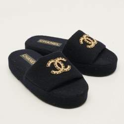Pre Owned Chanel CC logo Size XS Navy Blue Fabric Flat Sandals