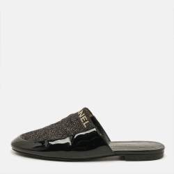 Pre Owned Chanel Size 37 Black Lurex Fabric Patent Leather Logo Flat Mules