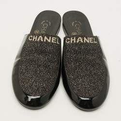 Pre Owned Chanel Size 37 Black Lurex Fabric Patent Leather Logo Flat Mules