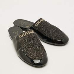 Pre Owned Chanel Size 37 Black Lurex Fabric Patent Leather Logo Flat Mules