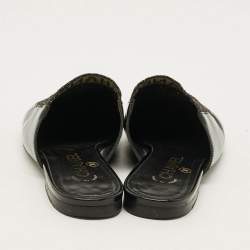 Pre Owned Chanel Size 37 Black Lurex Fabric Patent Leather Logo Flat Mules