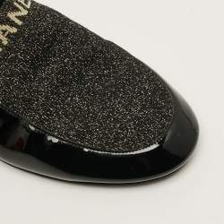 Pre Owned Chanel Size 37 Black Lurex Fabric Patent Leather Logo Flat Mules