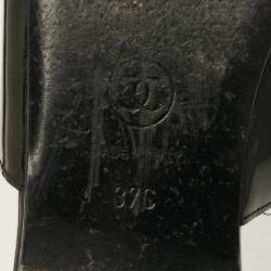 Pre Owned Chanel Size 37 Black Lurex Fabric Patent Leather Logo Flat Mules
