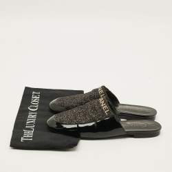 Pre Owned Chanel Size 37 Black Lurex Fabric Patent Leather Logo Flat Mules