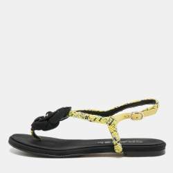 Pre Owned Chanel CC Camelia Size 38 Yellow/Black Leather and Tweed Slingback Thong Flats