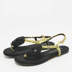 Pre Owned Chanel CC Camelia Size 38 Yellow/Black Leather and Tweed Slingback Thong Flats