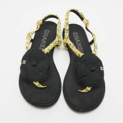 Pre Owned Chanel CC Camelia Size 38 Yellow/Black Leather and Tweed Slingback Thong Flats