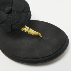 Pre Owned Chanel CC Camelia Size 38 Yellow/Black Leather and Tweed Slingback Thong Flats