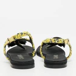 Pre Owned Chanel CC Camelia Size 38 Yellow/Black Leather and Tweed Slingback Thong Flats