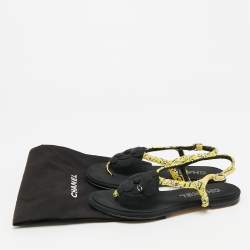 Pre Owned Chanel CC Camelia Size 38 Yellow/Black Leather and Tweed Slingback Thong Flats