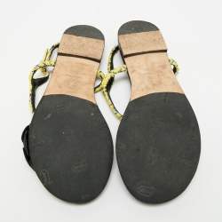 Pre Owned Chanel CC Camelia Size 38 Yellow/Black Leather and Tweed Slingback Thong Flats