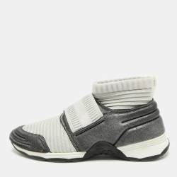 Pre Owned Chanel Stretch Spirit Size 38 Grey/Black Stretch Fabric Slip On Sneakers