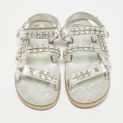 Pre Owned Chanel CC Size 40.5 Silver Leather Chain Detail Ankle Strap Flat Sandals