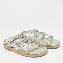 Pre Owned Chanel CC Size 40.5 Silver Leather Chain Detail Ankle Strap Flat Sandals