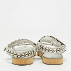 Pre Owned Chanel CC Size 40.5 Silver Leather Chain Detail Ankle Strap Flat Sandals