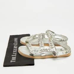 Pre Owned Chanel CC Size 40.5 Silver Leather Chain Detail Ankle Strap Flat Sandals