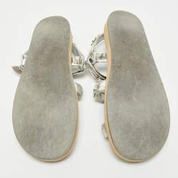 Pre Owned Chanel CC Size 40.5 Silver Leather Chain Detail Ankle Strap Flat Sandals