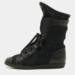 مملوكة مسبقًا Chanel CC Size 38 Black Knit Fabric Leather Cap Toe Boxing Mid Top Sneakers