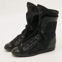 Pre Owned Chanel CC Size 38 Black Knit Fabric Leather Cap Toe Boxing Mid Top Sneakers