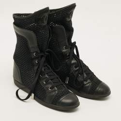 Pre Owned Chanel CC Size 38 Black Knit Fabric Leather Cap Toe Boxing Mid Top Sneakers