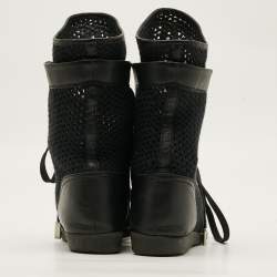 Pre Owned Chanel CC Size 38 Black Knit Fabric Leather Cap Toe Boxing Mid Top Sneakers