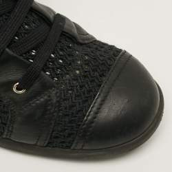 Pre Owned Chanel CC Size 38 Black Knit Fabric Leather Cap Toe Boxing Mid Top Sneakers