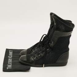 Pre Owned Chanel CC Size 38 Black Knit Fabric Leather Cap Toe Boxing Mid Top Sneakers