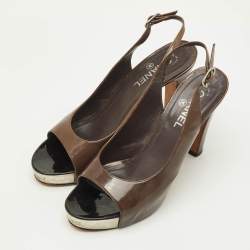 Pre Owned صندل شانيل سي سي بني جلد لامع منصة سير خلفي مقاس 41