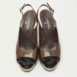 Pre Owned صندل شانيل سي سي بني جلد لامع منصة سير خلفي مقاس 41