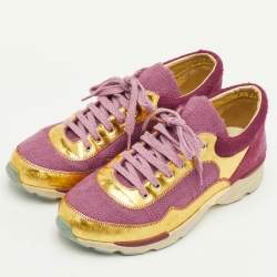Pre Owned Chanel CC Size 39 Pink/Gold Leather, Suede and Tweed Low Top Sneakers
