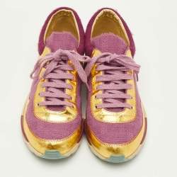 Pre Owned Chanel CC Size 39 Pink/Gold Leather, Suede and Tweed Low Top Sneakers