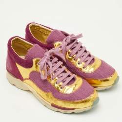 Pre Owned Chanel CC Size 39 Pink/Gold Leather, Suede and Tweed Low Top Sneakers