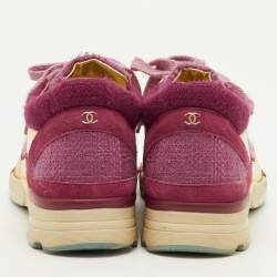 Pre Owned Chanel CC Size 39 Pink/Gold Leather, Suede and Tweed Low Top Sneakers