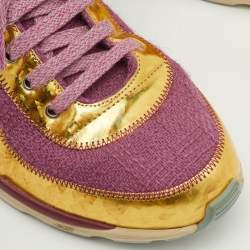 Pre Owned Chanel CC Size 39 Pink/Gold Leather, Suede and Tweed Low Top Sneakers