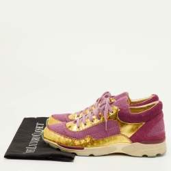 Pre Owned Chanel CC Size 39 Pink/Gold Leather, Suede and Tweed Low Top Sneakers