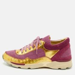 Pre Owned Chanel CC Size 39 Pink/Gold Leather, Suede and Tweed Low Top Sneakers