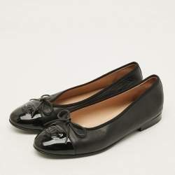 Pre Owned حذاء باليه فلات شانيل جلد براءة اختراع مبطن أسود مقدمة قوس مقاس 41.5