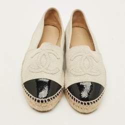 Pre Owned Chanel CC Size 38 Grey/Black Patent and Texture leather Espadrille Flats