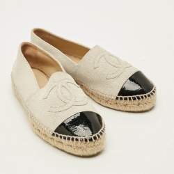 Pre Owned Chanel CC Size 38 Grey/Black Patent and Texture leather Espadrille Flats