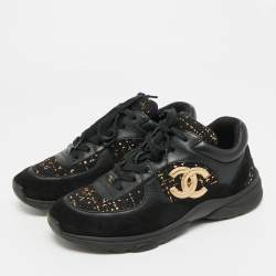 Pre Owned Chanel Interlocking CC Size 40 Black/Gold Leather and Tweed Low Top Sneakers