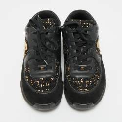 Pre Owned Chanel Interlocking CC Size 40 Black/Gold Leather and Tweed Low Top Sneakers