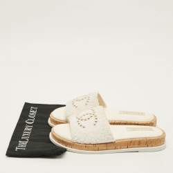 Pre Owned Chanel Size 40 White Tweed  Interlocking CC logo Flat Slides 